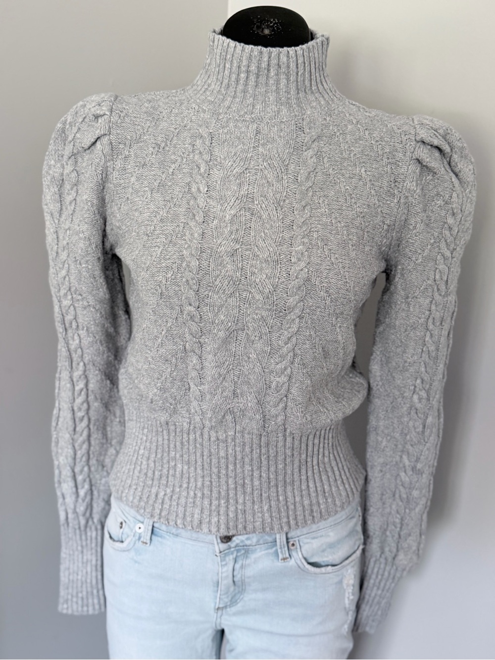 LOFT Light Gray Cable Knit Mockneck Sweater | Size S